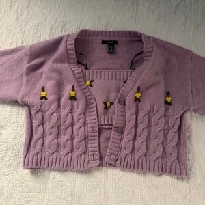 Lilac Cable-Knit Button-Front Women's Sweater Cardigan with Flowers